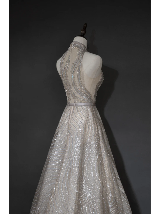 Timeless A line Women's Silver Wedding Dress With Sequin V Neck Bride Dress AB879