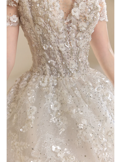 Timeless Wedding Dresses for Bride with Lace Appliques Ball Gown Princess Scoop Tulle Women Dress Short Sleeves Bride Dress AB880
