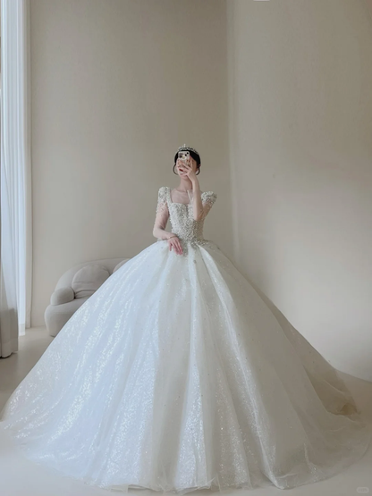 Princess Women's Wedding Dress With Sleeves for Bride Lace Applique Square Neck Brides Dress Ball Gowns AB882