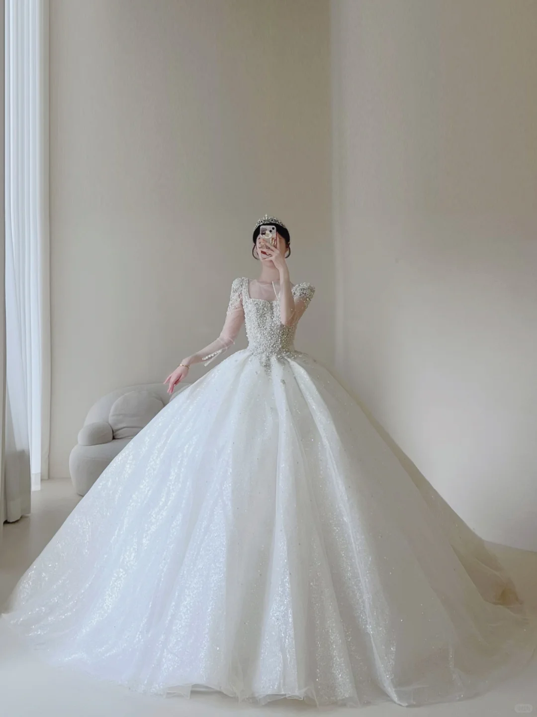 Princess Women's Wedding Dress With Sleeves for Bride Lace Applique Square Neck Brides Dress Ball Gowns AB882