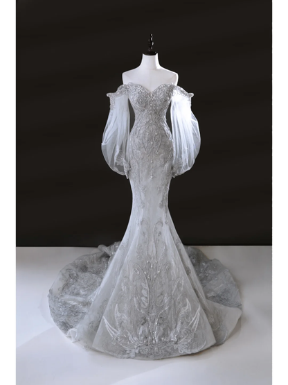 Sparkly Mermaid Off The Shoulder Women's Silver Wedding Dress With Sequin Lace Long Sleeves Bride Dress AB884