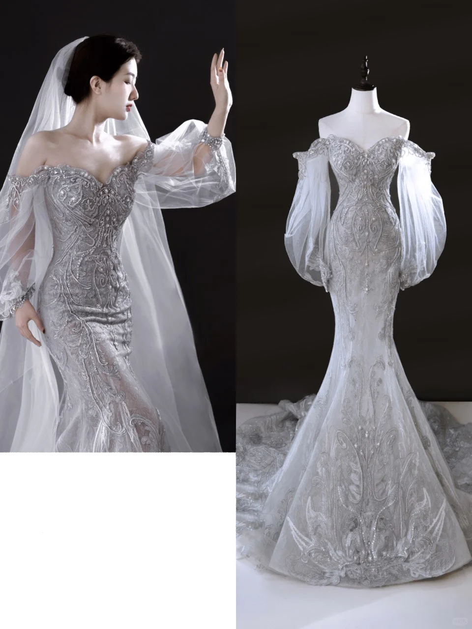 Sparkly Mermaid Off The Shoulder Women's Silver Wedding Dress With Sequin Lace Long Sleeves Bride Dress AB884