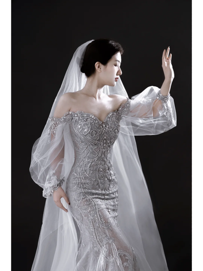 Sparkly Mermaid Off The Shoulder Women's Silver Wedding Dress With Sequin Lace Long Sleeves Bride Dress AB884