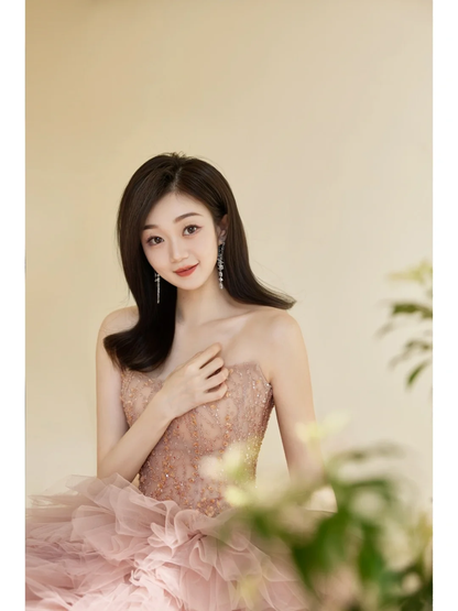 Unique Ball Gown Strapless Pink Tulle With Multi Layered Long Prom Quinceanera Dresses Sweet 15 16 Birthday Gown AB886