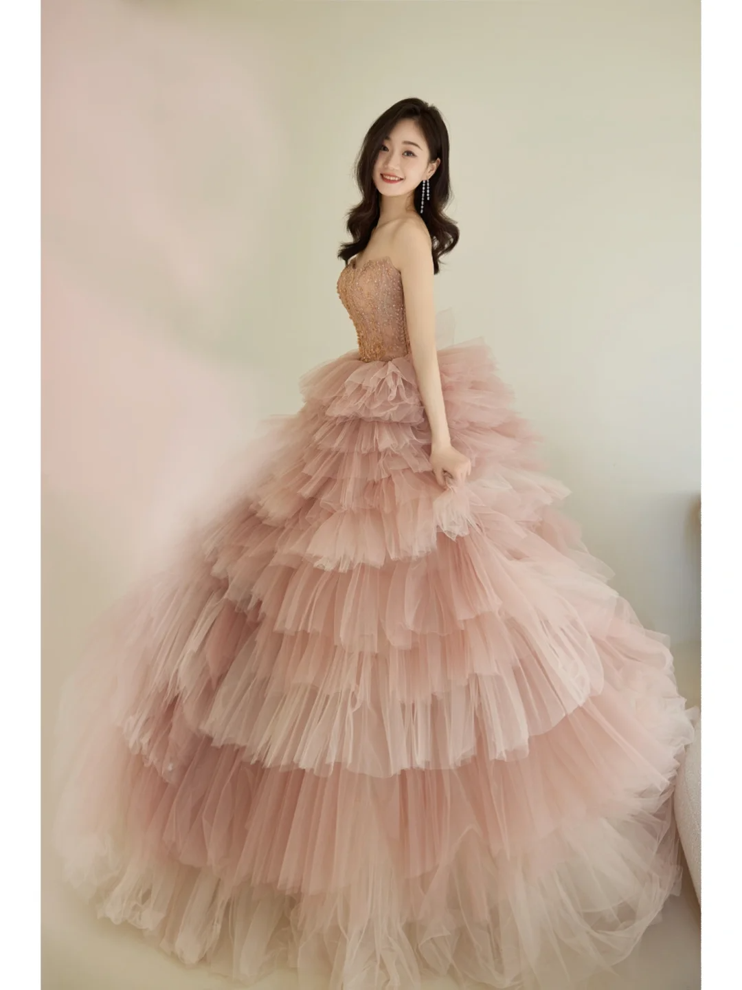 Unique Ball Gown Strapless Pink Tulle With Multi Layered Long Prom Quinceanera Dresses Sweet 15 16 Birthday Gown AB886