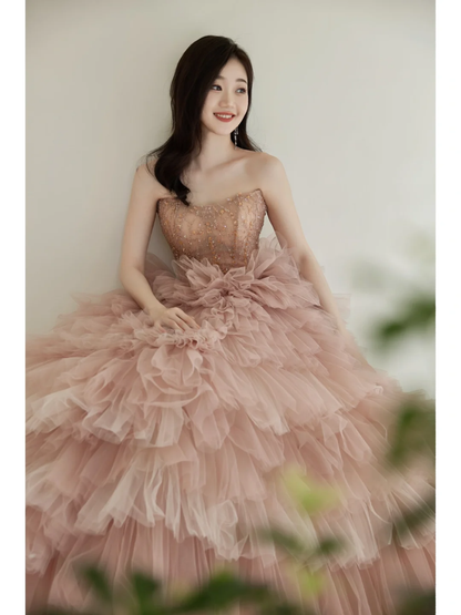 Unique Ball Gown Strapless Pink Tulle With Multi Layered Long Prom Quinceanera Dresses Sweet 15 16 Birthday Gown AB886