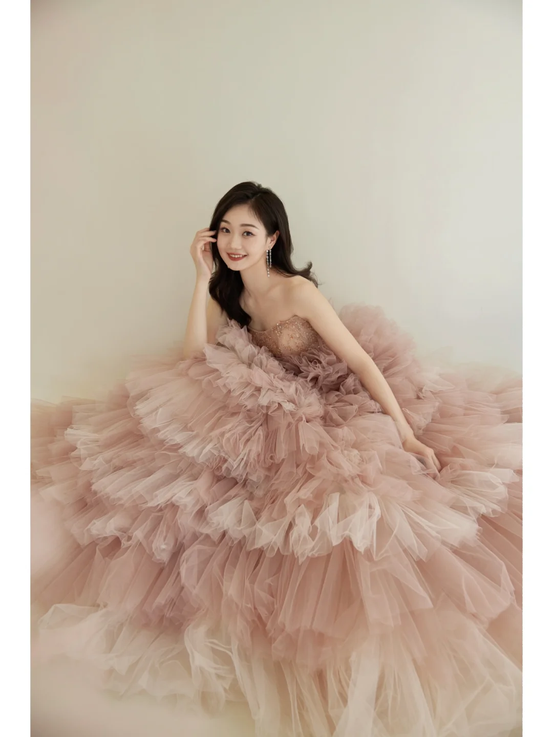 Unique Ball Gown Strapless Pink Tulle With Multi Layered Long Prom Quinceanera Dresses Sweet 15 16 Birthday Gown AB886