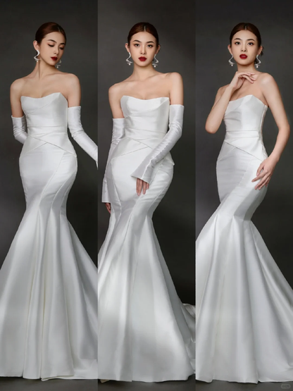 Women’s V Neck Sleeveless Bridal Wedding Dress with Gloves Floor Length Mermaid Gown for Bride White AB887