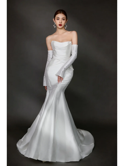 Women’s V Neck Sleeveless Bridal Wedding Dress with Gloves Floor Length Mermaid Gown for Bride White AB887
