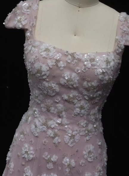 Elegant A line Floral Pattern Backless Short Sleeve Prom Dress Formal Dresses AB920