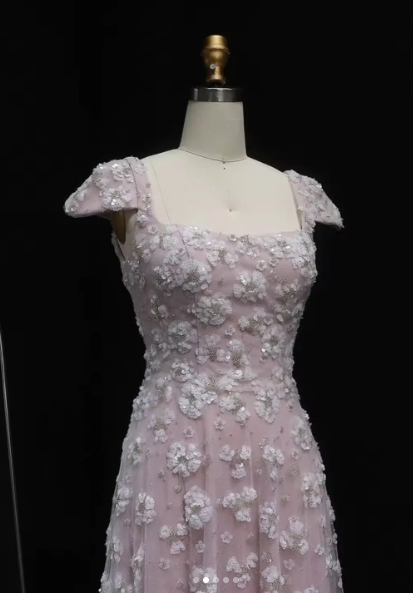 Elegant A line Floral Pattern Backless Short Sleeve Prom Dress Formal Dresses AB920