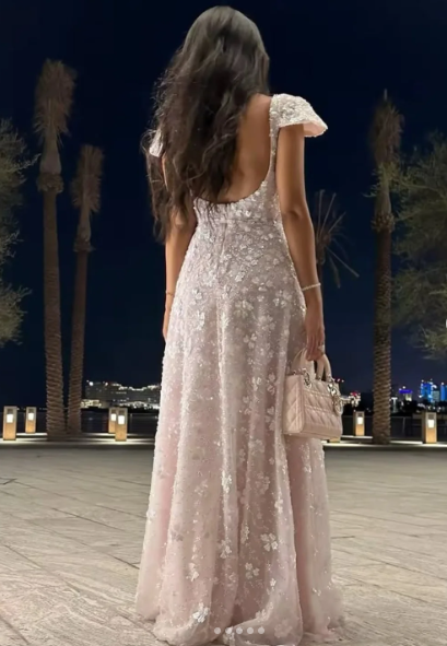 Elegant A line Floral Pattern Backless Short Sleeve Prom Dress Formal Dresses AB920