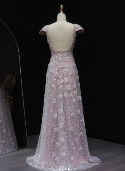 Elegant A line Floral Pattern Backless Short Sleeve Prom Dress Formal Dresses AB920