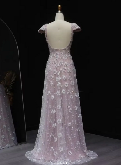 Elegant A line Floral Pattern Backless Short Sleeve Prom Dress Formal Dresses AB920