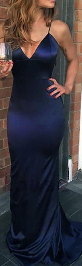 Sexy Mermaid Spaghetti Straps Sleeveless Navy Blue Long Formal Dresses Satin Prom Dress AB948