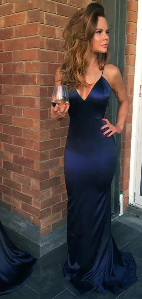 Sexy Mermaid Spaghetti Straps Sleeveless Navy Blue Long Formal Dresses Satin Prom Dress AB948