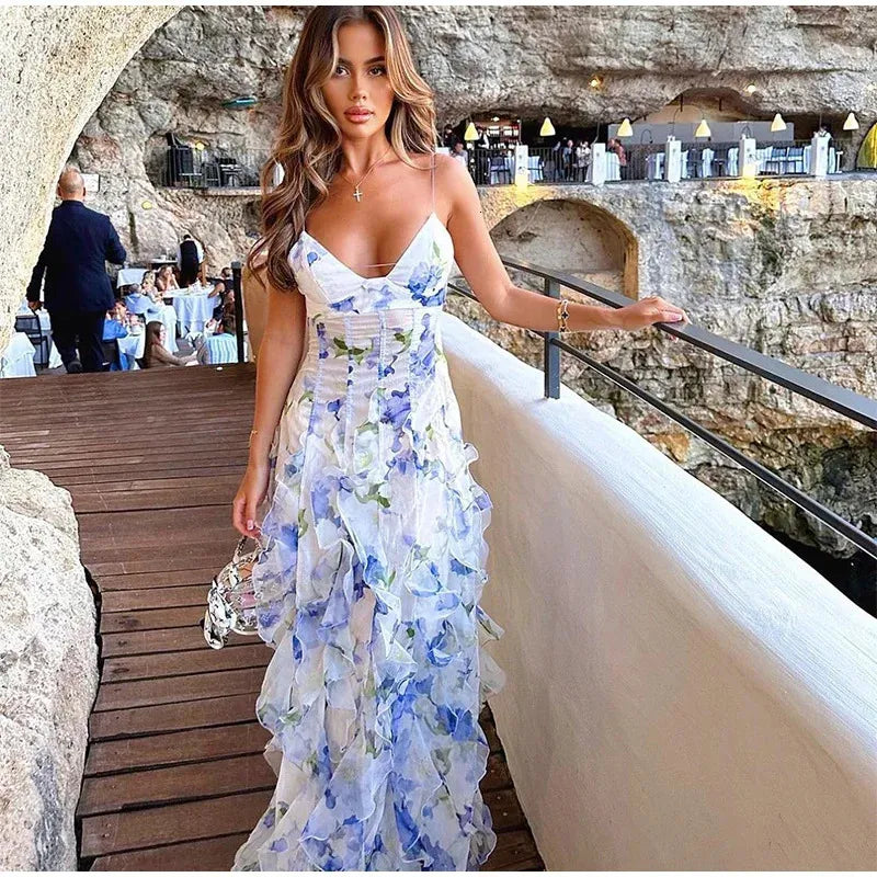 Sexy Mermaid Prom Dresses Spaghetti Straps Long Backless Blue Floral Party Gowns AB2196