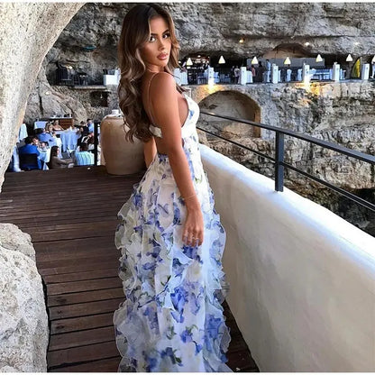 Sexy Mermaid Prom Dresses Spaghetti Straps Long Backless Blue Floral Party Gowns AB2196