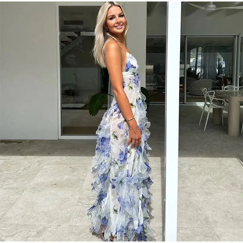 Mermaid Prom Dresses Spaghetti Straps Sexy Special Dress Blue Floral Party Gowns AB991