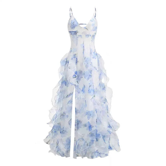 Sexy Mermaid Prom Dresses Spaghetti Straps Long Backless Blue Floral Party Gowns AB2196