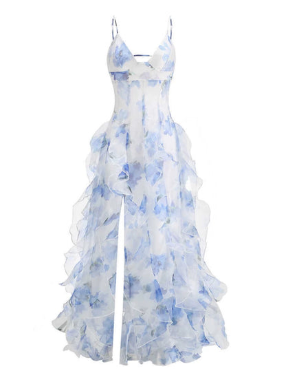 Sexy Mermaid Prom Dresses Spaghetti Straps Long Backless Blue Floral Party Gowns AB2196