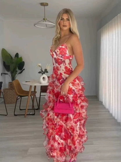 Sexy Mermaid Prom Dresses Spaghetti Straps Long Backless Blue Floral Party Gowns AB2196