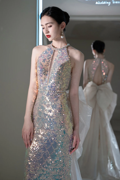Vintage Mermaid Scoop Neck With Bow-knot Sequin Prom Dresses For Teens Formal Dress Party Outfits Prom Gowns AC002