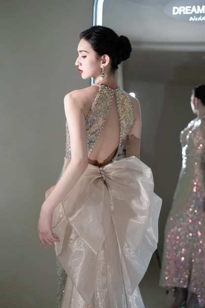 Vintage Mermaid Scoop Neck With Bow-knot Sequin Prom Dresses For Teens Formal Dress Party Outfits Prom Gowns AC002