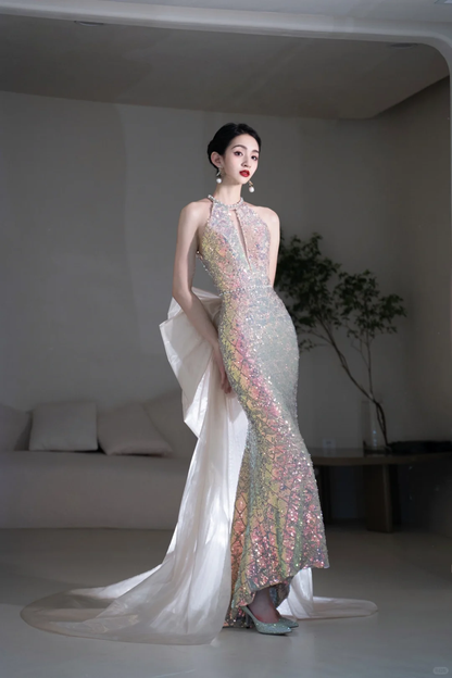 Vintage Mermaid Scoop Neck With Bow-knot Sequin Prom Dresses For Teens Formal Dress Party Outfits Prom Gowns AC002