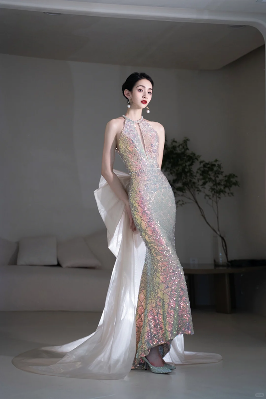 Vintage Mermaid Scoop Neck With Bow-knot Sequin Prom Dresses For Teens Formal Dress Party Outfits Prom Gowns AC002