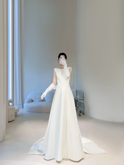 Timeless Women's White Scoop A Line Wedding Dresses With Bow-knot Satin for Brides Dress AC003