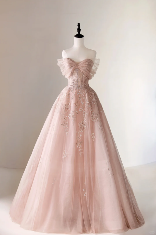 Modest Ball Gown Off The Shoulder Blush Pink Lace Tulle Prom Dresses Long Party Dress Evening Dresses AC005