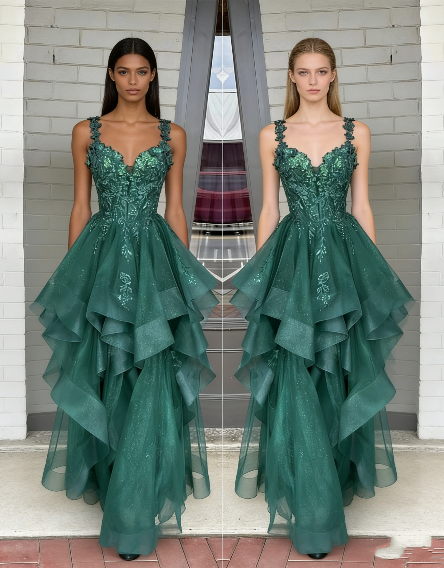 Modest Ball Gown Sweetheart Emerald Green Tulle Lace Appliques Prom Dresses Long Party Dress Evening Dresses AC011