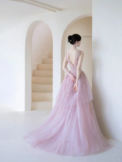 Modest Ball Gown Strapless Chocolate Tulle Beaded Prom Dresses Long Party Dress Evening Dresses AC027