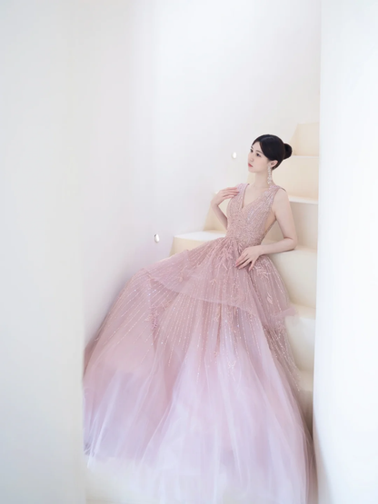 Modest Ball Gown Strapless Chocolate Tulle Beaded Prom Dresses Long Party Dress Evening Dresses AC027