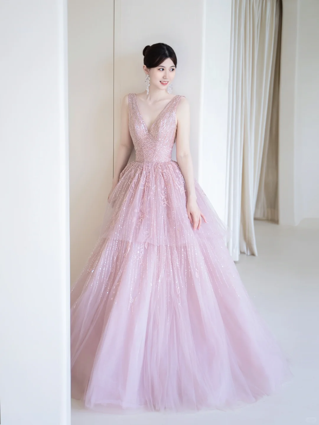 Modest Ball Gown Strapless Chocolate Tulle Beaded Prom Dresses Long Party Dress Evening Dresses AC027
