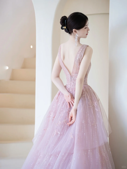Modest Ball Gown Strapless Chocolate Tulle Beaded Prom Dresses Long Party Dress Evening Dresses AC027