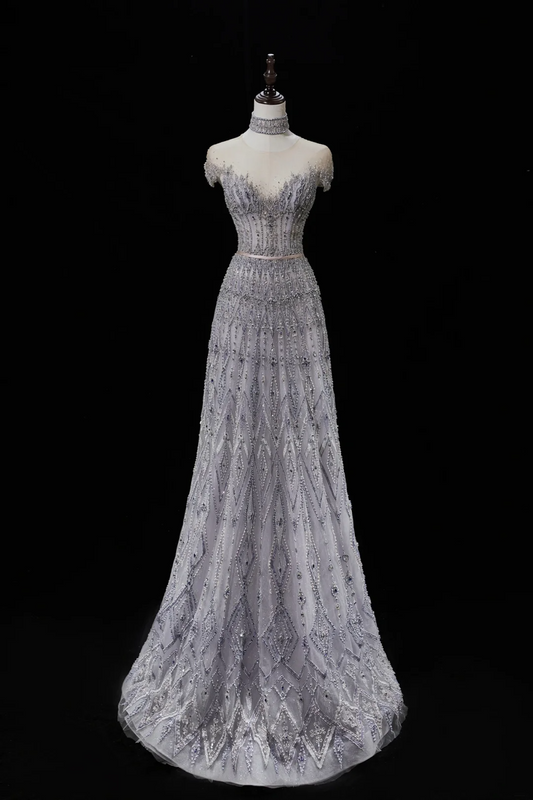 Vintage A Line Scoop Neck Short Sleeves Silver Gray Long Prom Dresses Aesthetic For Teens Formal Dress Party Outfits Prom Gown AC10
