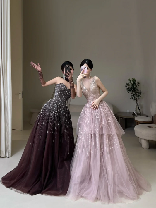 Modest Ball Gown Strapless Chocolate Tulle Beaded Prom Dresses Long Party Dress Evening Dresses AC027