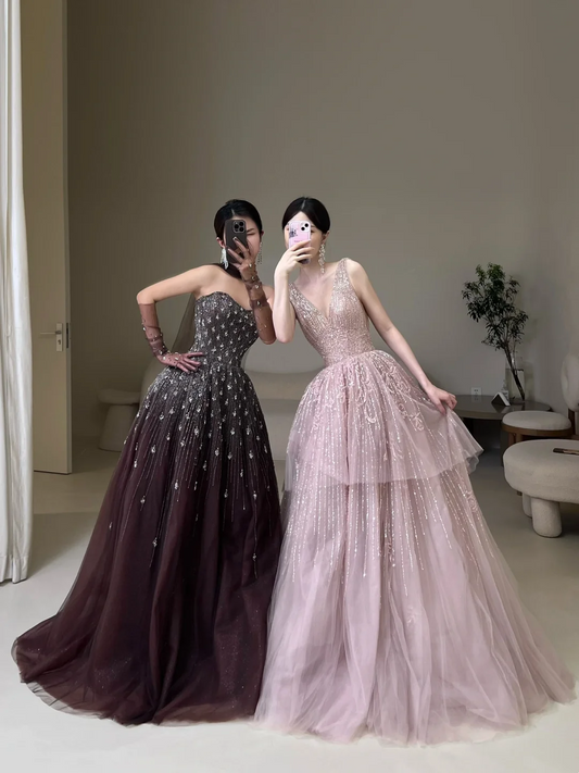 Modest Ball Gown Strapless Chocolate Tulle Beaded Prom Dresses Long Party Dress Evening Dresses AC027