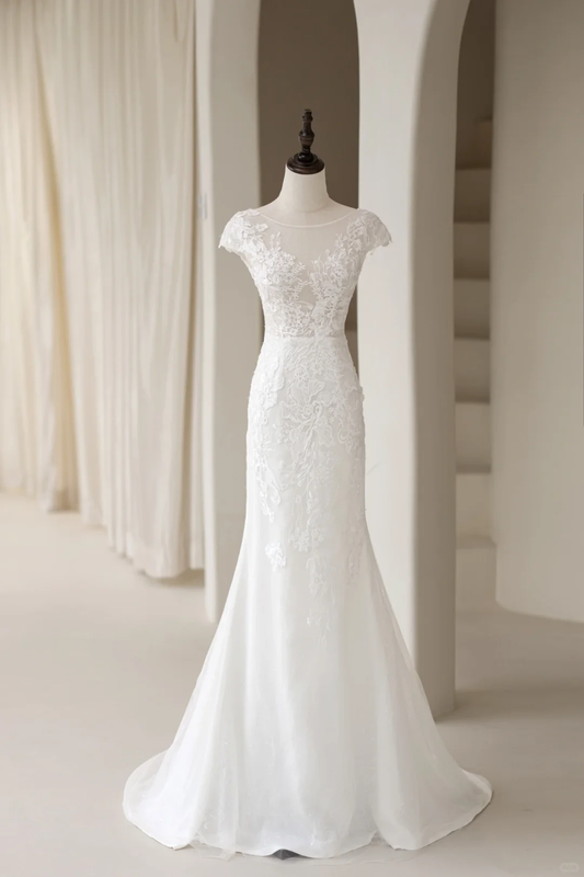 Luxury Mermaid Wedding Dresses For Women Boat Cap Sleeves Lace Tulle Sweep Bridal Gown AC030