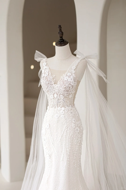 Timeless Women's Mermaid V Neckline Sequins White Tulle With Appliques Wedding Dress Mermaid for Bride Dresses AC042