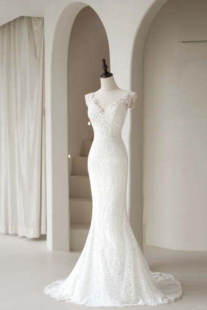Timeless Women's Mermaid V Neckline White Tulle With Appliqued Wedding Dress Mermaid for Bride Dresses AC043