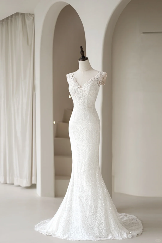 Timeless Women's Mermaid V Neckline White Tulle With Appliqued Wedding Dress Mermaid for Bride Dresses AC043