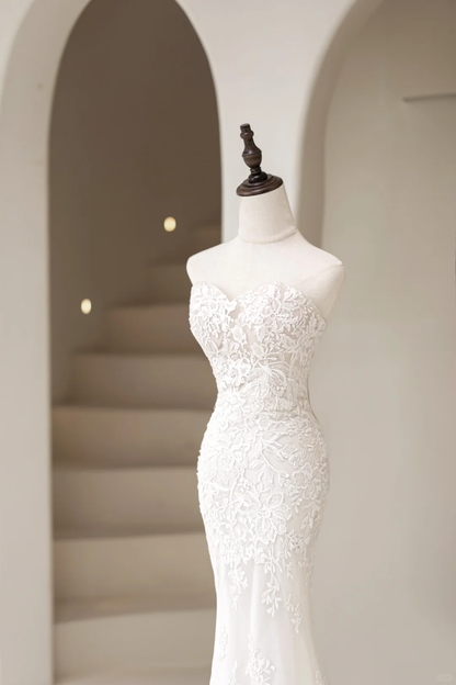 Modest Women’s Mermaid Sweetheart Bridal Wedding Dresses With Lace Appliques Floor Length Tulle Brides Gown for Bride AC044