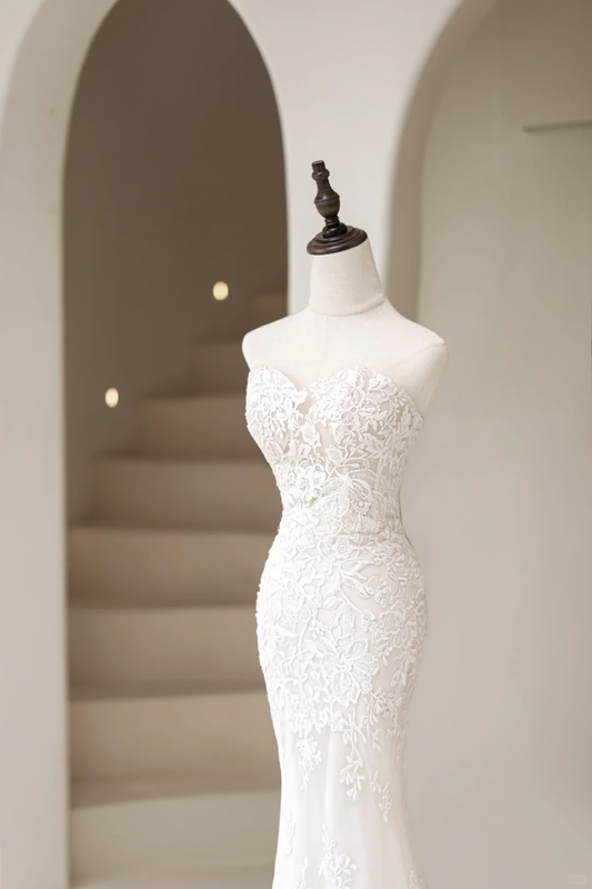 Modest Women’s Mermaid Sweetheart Bridal Wedding Dresses With Lace Appliques Floor Length Tulle Brides Gown for Bride AC044