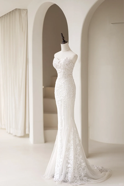 Modest Women’s Mermaid Sweetheart Bridal Wedding Dresses With Lace Appliques Floor Length Tulle Brides Gown for Bride AC044