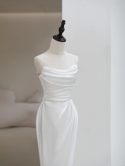 Simple Women's White Mermaid Strapless Sleeveless Satin With Slit Wedding Dresses for Brides Dress AC045