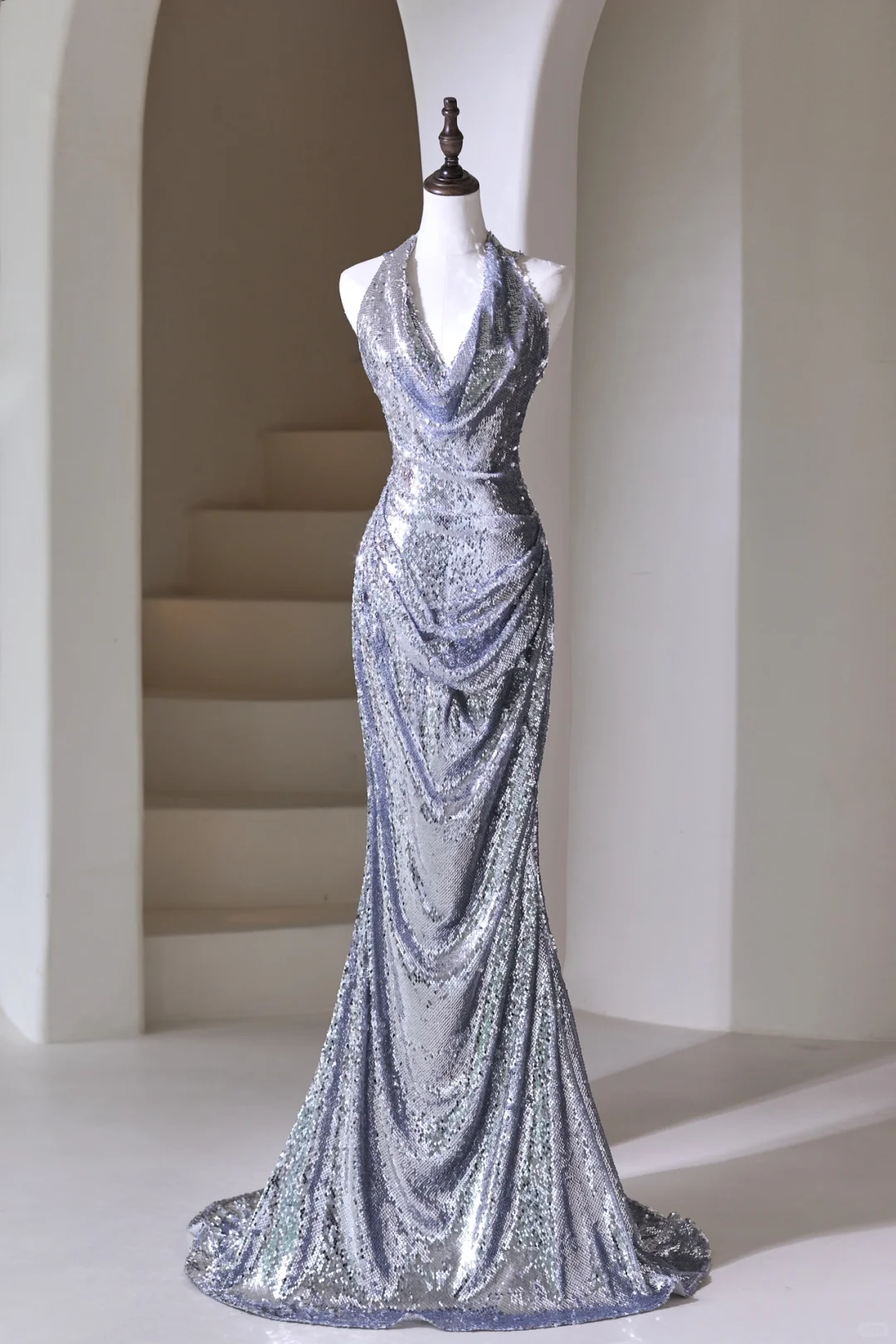 Modest Mermaid Halter Silver Sequins For Women Party Dress Long Formal Prom Dresses 22th Birthday Outfits AC049