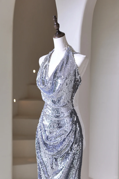 Modest Mermaid Halter Silver Sequins For Women Party Dress Long Formal Prom Dresses 22th Birthday Outfits AC049